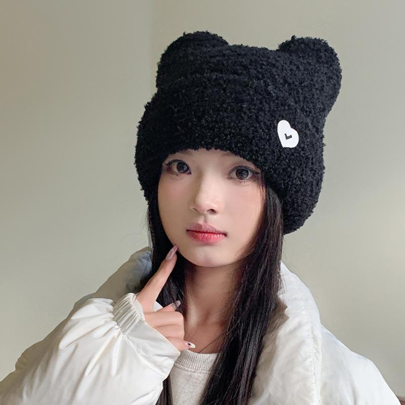 Cute Plush Bear Ears Woolen Hat for Women Autumn and Winter Love Pullover Cold Hat Versatile Warm Ear Protection Knitted Hat
