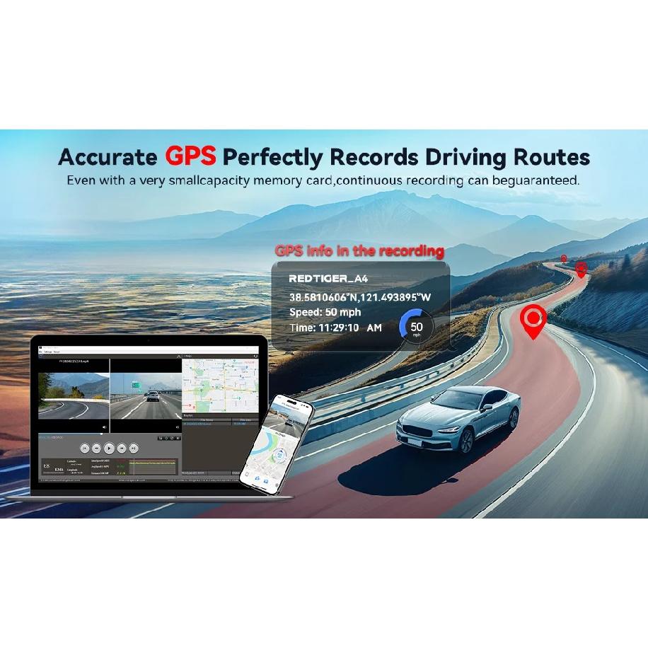 REDTIGER  A4 4k Dash Cam Front and Rear Drive Recorder GPS& 5G WiFi Touch Screen Night Vision 24H Parking Mode Voice Control