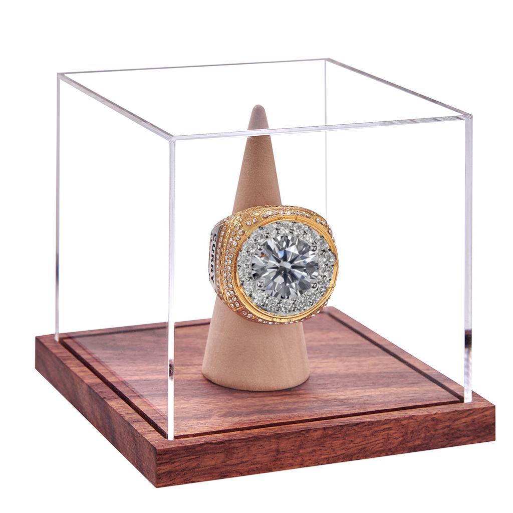 Large Championship Rings Holder Clear Acrylic Display Case Protective Wood Base Storage Rack for Baseball Rings