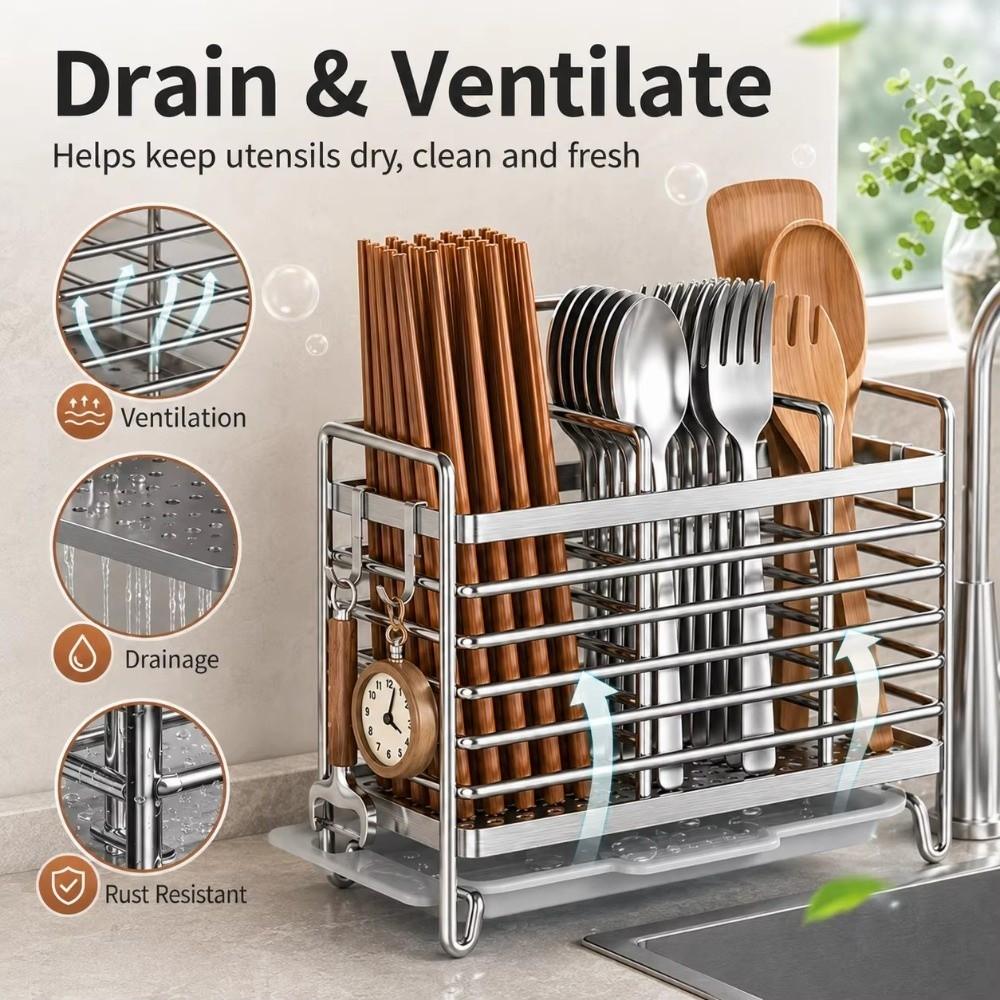 No-Drill Chopstick Holder Rack Stainless Steel Cutlery Rack  Kitchen Cutlery Organizer