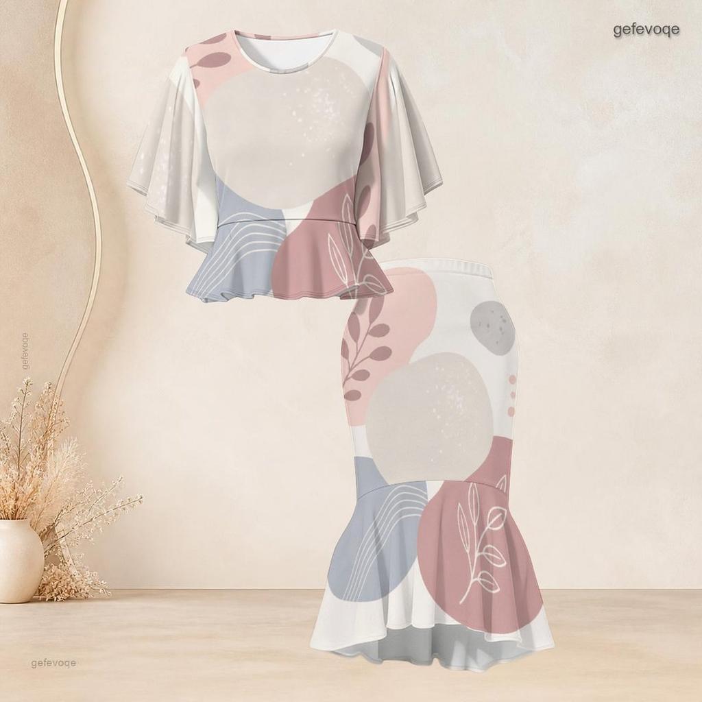 Women Plus Size Printed Round Neck Batwing Short Sleeve Ruffle Hem Top Fishtail Skirt Two Piece Set