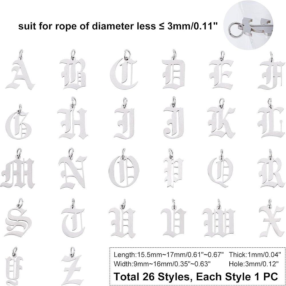 201 Stainless Steel Pendants with Jump Ring Old English Alphabet Laser Cut Letter A~Z 26pcs/box
