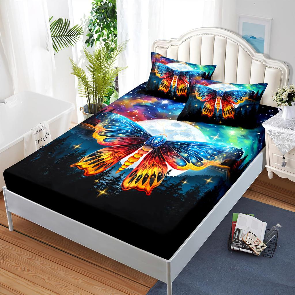 Galaxy Moonlight Moth Pattern Mattress Three-Piece Set Digital Printing Bedding Set Mattress Three-Piece Set