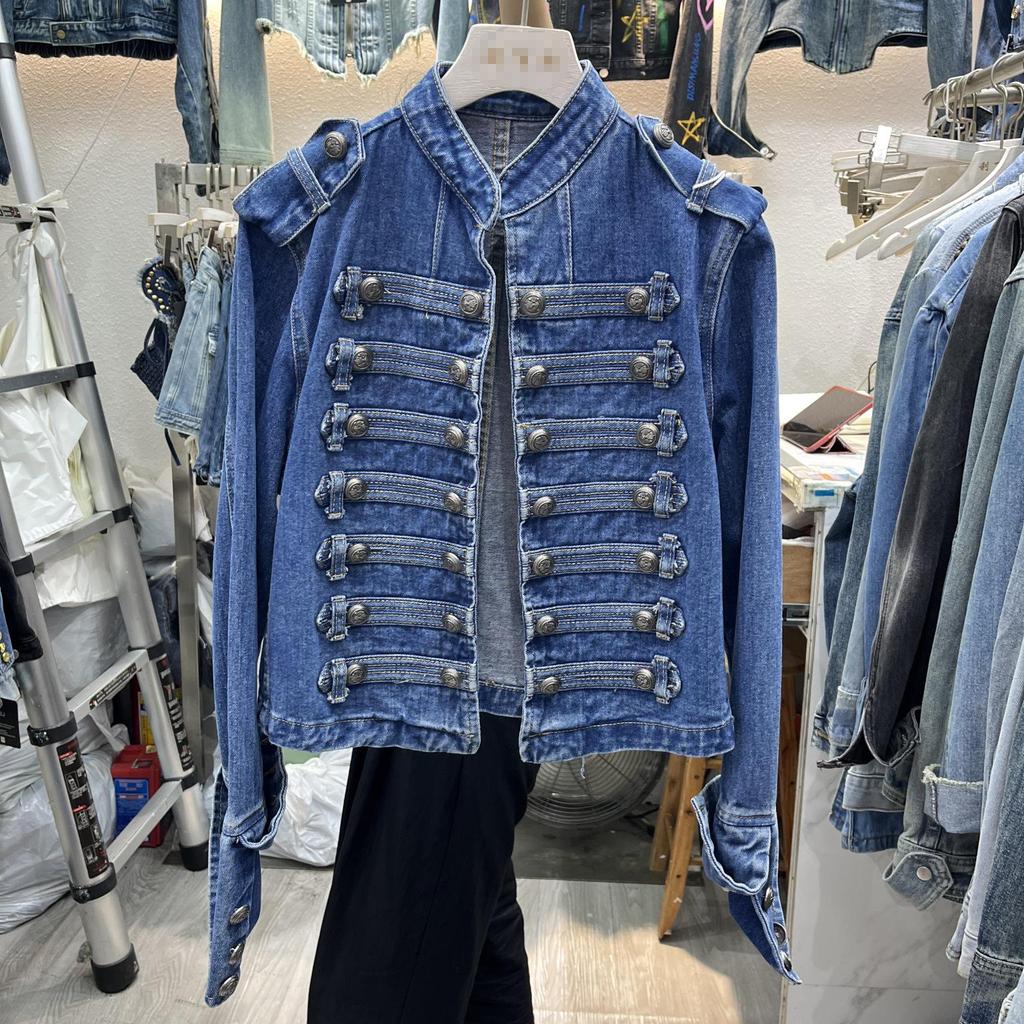 "European Retro Palace-Style Button-Down Long-Sleeve Denim Jacket - Spring/Autumn 2025 Fashion with Stand-Up Collar"