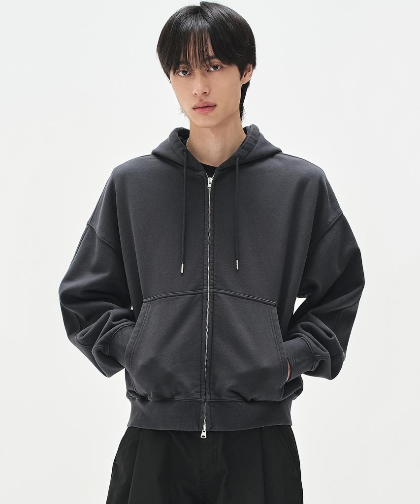 Soverment 650G Cut Detail Cropped Wide Zip-Up Hoodie -Phantom Charcoal-