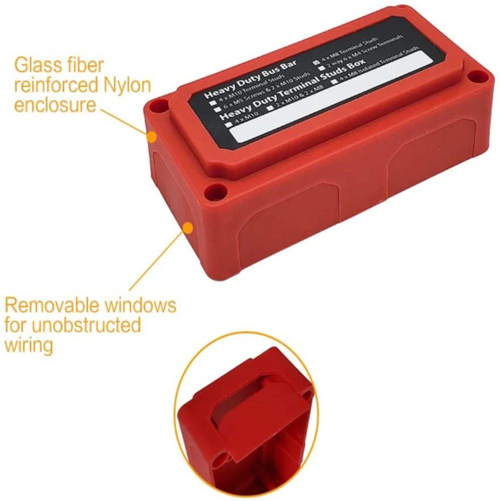 Heavy-Duty Modular Design DC 48v Distribution Block M8 Studs 300A Rated Bus Bar Box Highest Amperage Rated 4 Terminal Studs