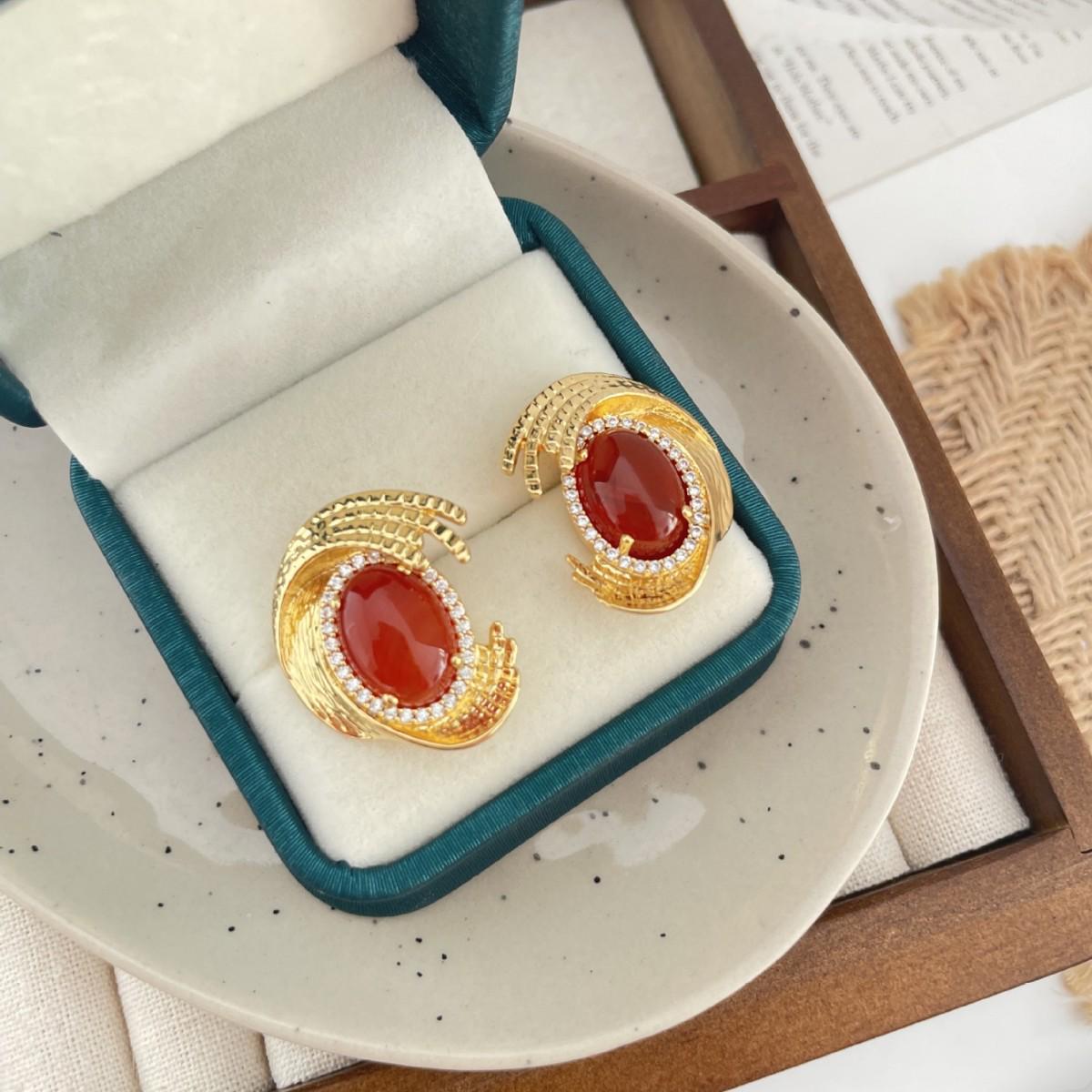 

Европейские и американские ретро серьги-подвески из красного агата и кристалла - Универсальные, стильные, в китайском стиле Electroplated медный