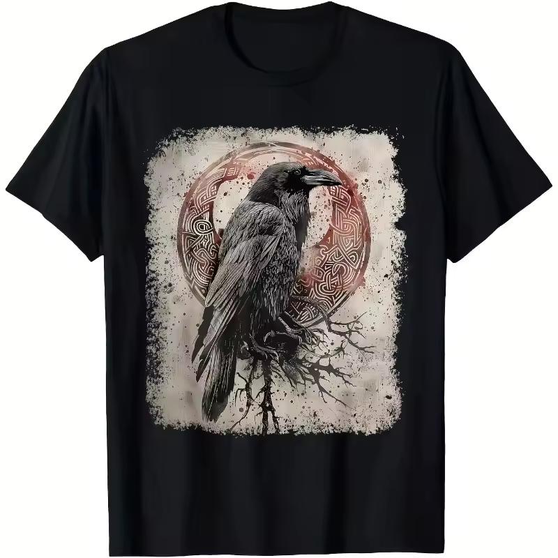 2026 New Gothic Vintage Raven Crow Graphic T-shirt Men Women Cotton Loose Fit Daily Short Sleeve Tees Tops
