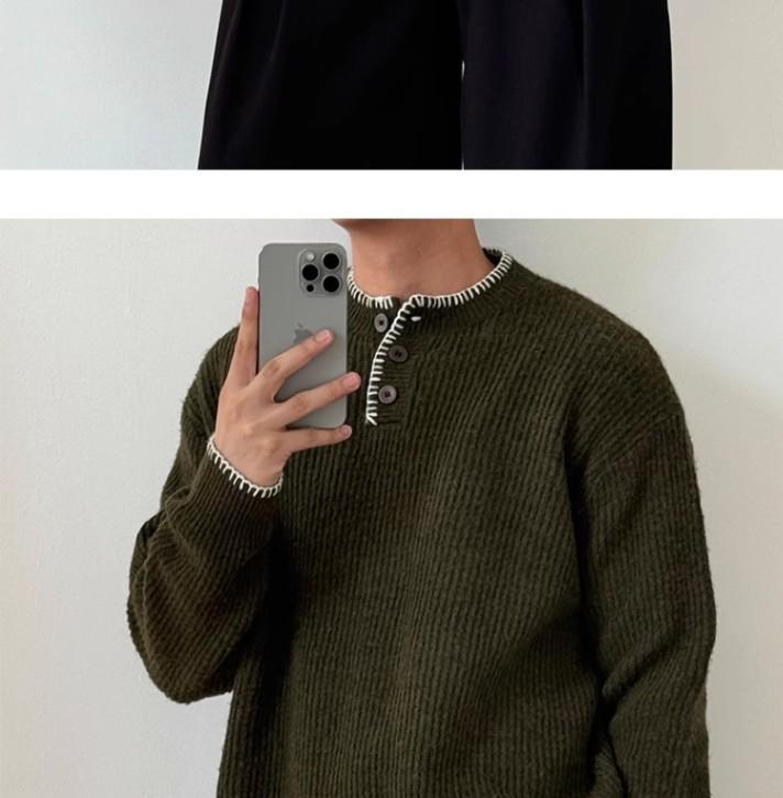 Men's Cleanfit Henley Collar Knit Sweater - Autumn/Winter High-End, Casual Base Layer