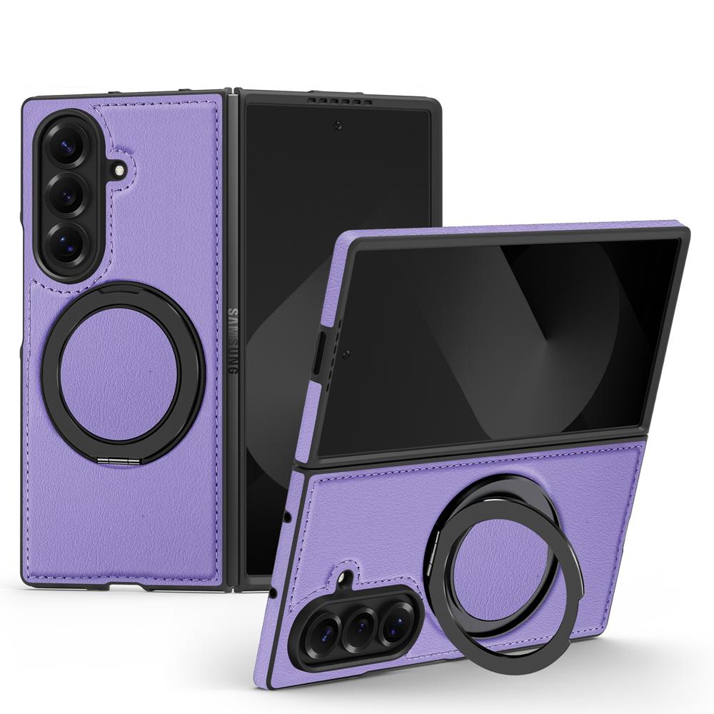 KEYSION 360° Rotating Magnetic Ring Stand PU Leather Case for MagSafe for Samsung Z Fold 7 5G Wireless Charging Phone Back Cover