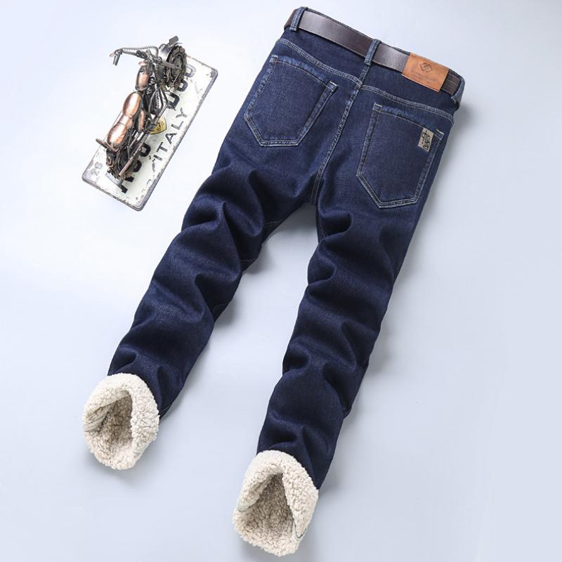 Padded Thickened Lamb Wool Jeans Men's Models Loose Straight Trousers New Cotton Elastic Autumn and Winter Warm Business Models Jeans