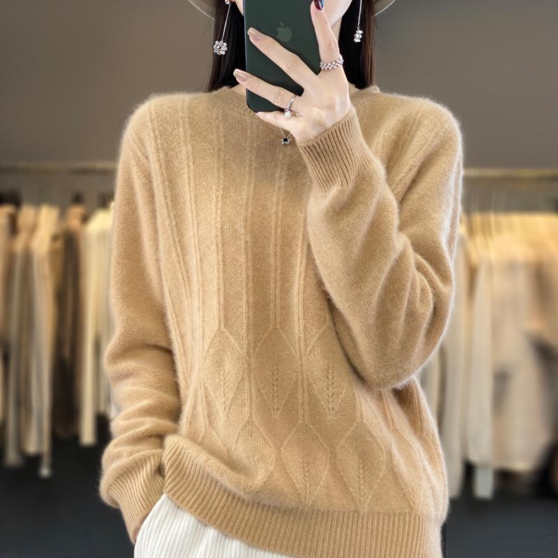 Women's Thickened Wool Jacquard Sweater - Round Neck, Long Sleeve, Cashmere Knit Base Layer for Autumn/Winter
