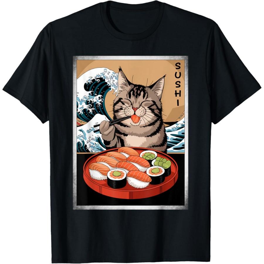 Cute Maine Coon Cat Eating Sushi Ocean Waves Japanese Art T-Shirt S