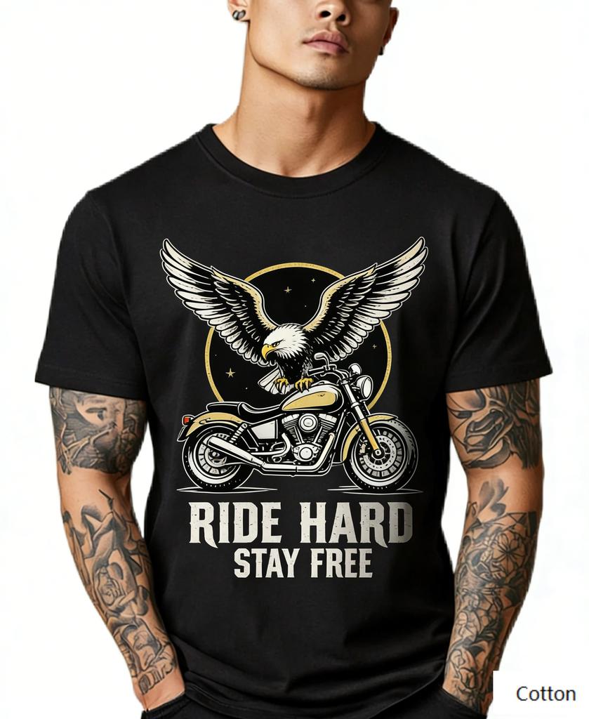 Ride Hard Stay Free Eagle Motorcycle Graphic Cotton T-Shirt Unisex American Biker Culture Casual Short Sleeve Tee
