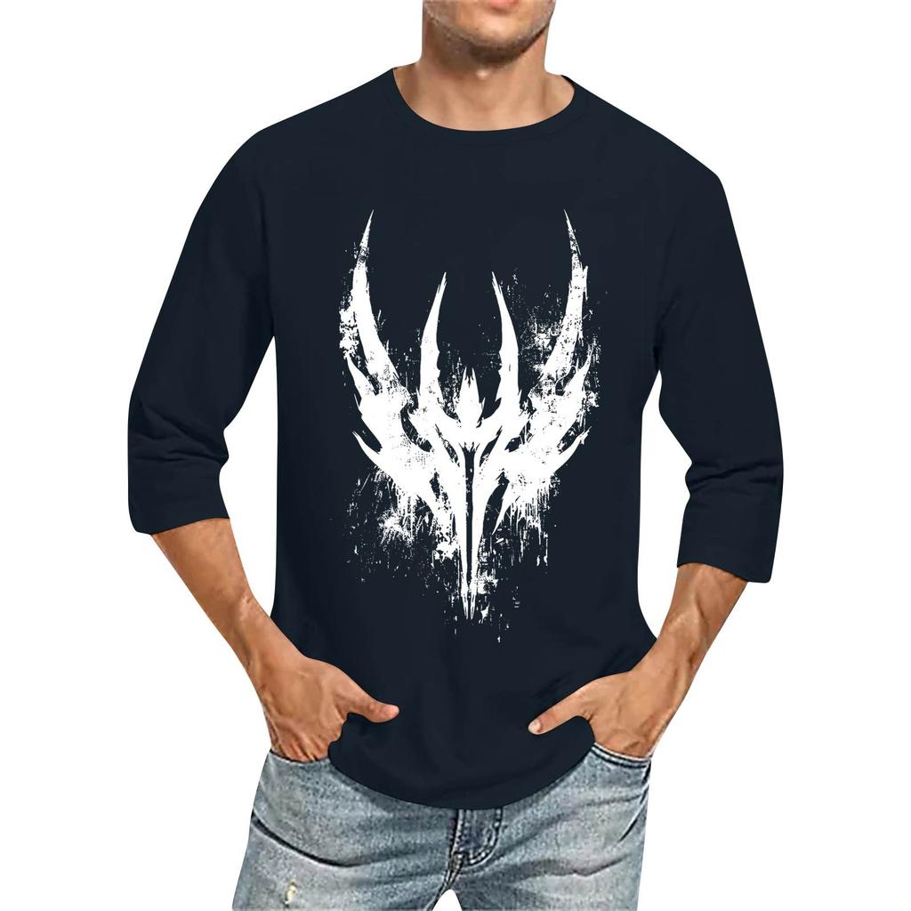 Men's Fashion Casual Seven-Point Sleeve Print Round Neck Top