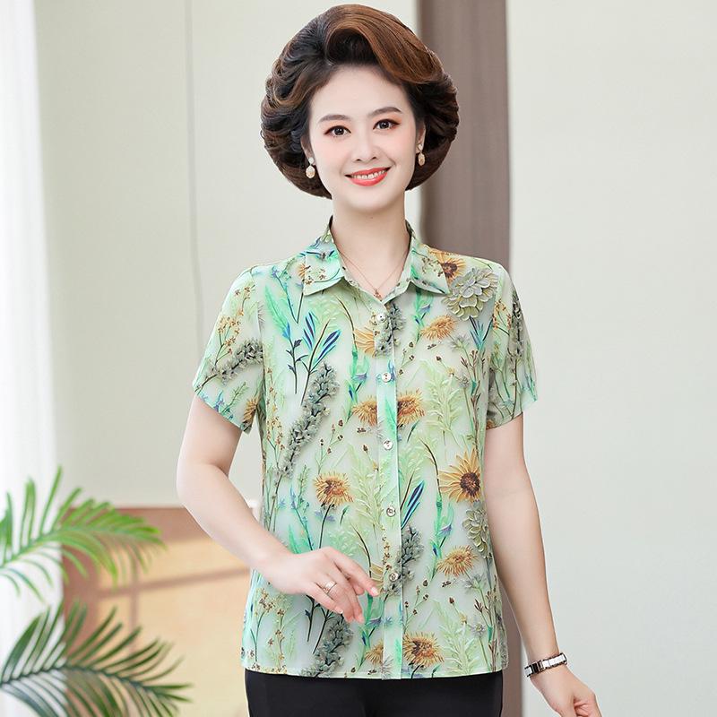 High-End Silk Shirt for Women: Short-Sleeved Summer Top for Middle-Aged & Elderly