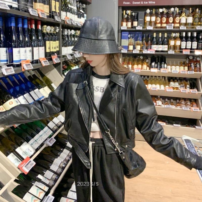 

Розовая короткая кожаная куртка-паровоз женская весенне-осенняя новая маленькая повседневная модная куртка из искусственной кожи топ L 130-72.5kg чёрный