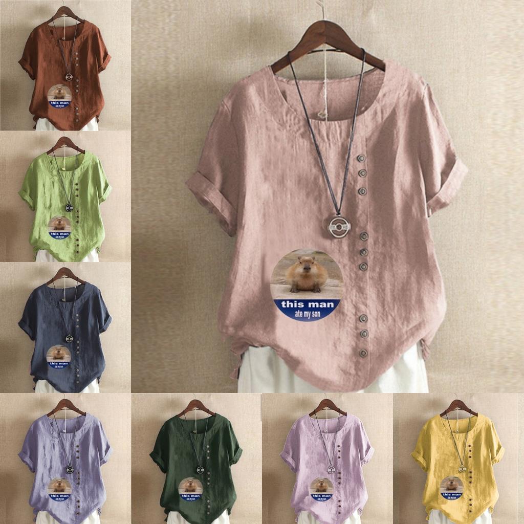 Women's Fashion Cute Hedgehog Prined Short Sleeve T-shirt Loose Cotton Shirt Casual Loose Summer Blouse Tops Plus Size