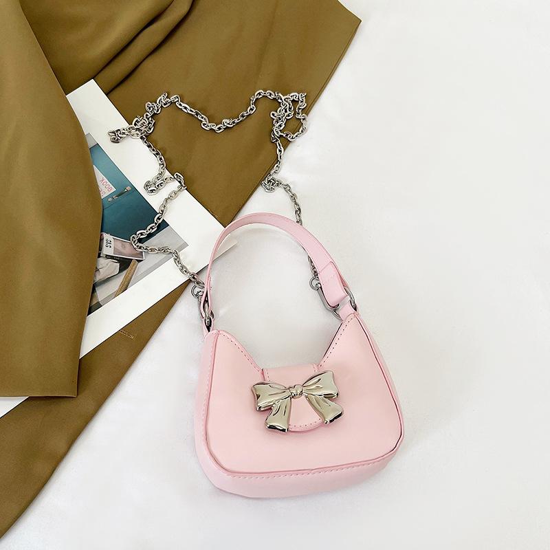 Sweet Solid Color Bow Handbag Women's 2025 New Trendy Fashion Niche Underarm Bag Chain Messenger Bag