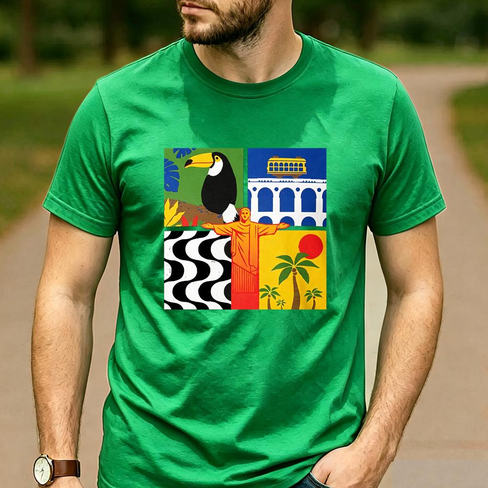 Rio de Janeiro Four Panel Pop Art Cotton T Shirt Brazil Toucan Christ the Redeemer Beach Graphic Unisex Unisex Unisex Streetwear Tee