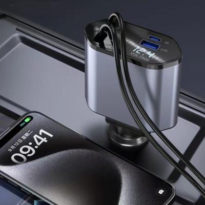 Car Charger Adaptor 120W Fast Charge USB Type C Fast Charger Cable with Retractable Cords Fit for iPhone 16/15/14/13/12 Samsung