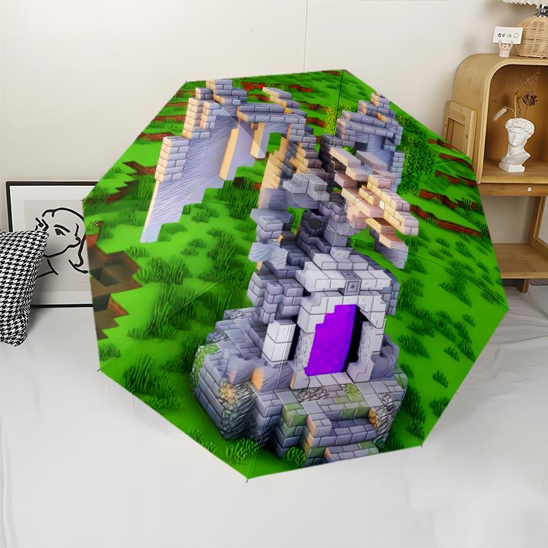 Minecraft5 Print Automatic Umbrella, 8 Rib Iron Frame, Plastic Handle, Suitable for Outdoor Travel &Daily , Ideal Gift