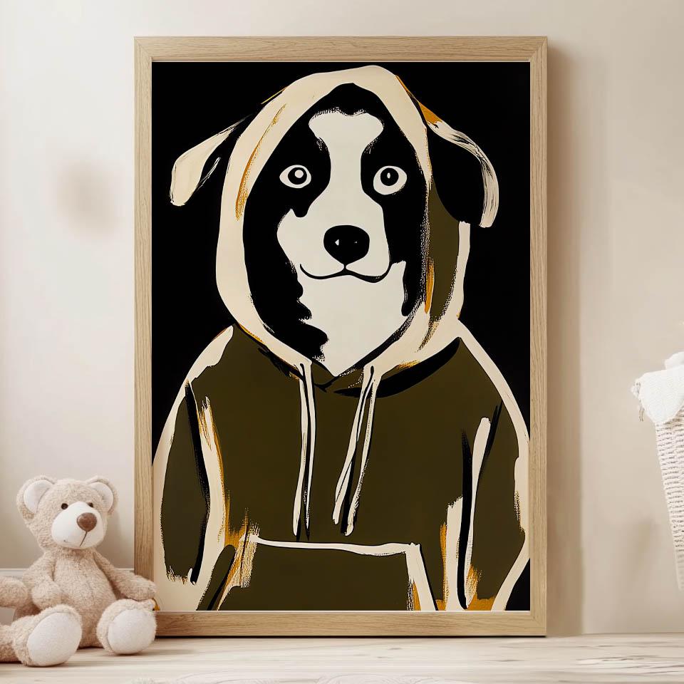 Poster Cute Dog In a Sweatshirt Poster Cute Dog In a Sweatshirt, 30X40 Cm, Dark Brown Wooden Frame, 230 Gsm Matte Paper