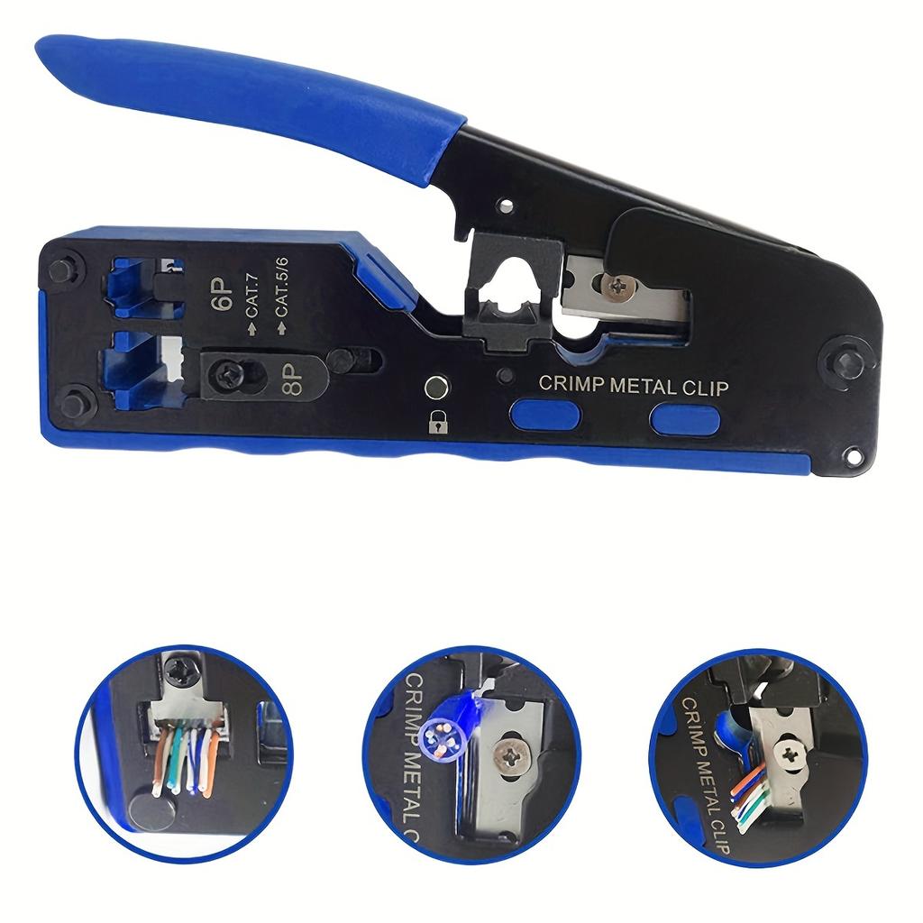 Ratcheting Modular Data Cable Crimper / Wire Stripper / Wire Cutter for RJ11/RJ12 Standard, RJ45 Pass-Thru Connectors