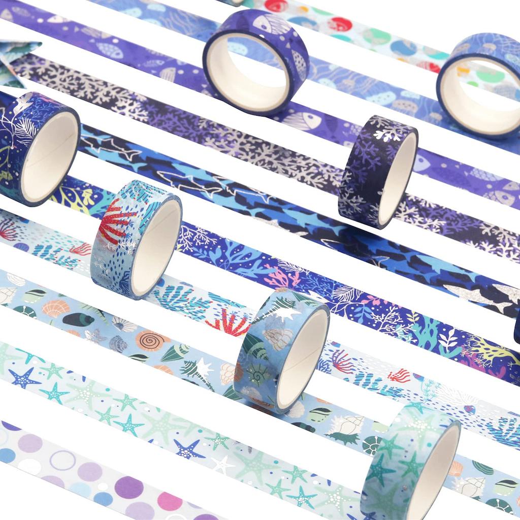 YUBX Masking Tape Set Washi Paper Ocean Blue with Silver Foil for DIY and Gift Decoration 10-Piece - Tape, Stamping, Crafts, Journals, Planners,