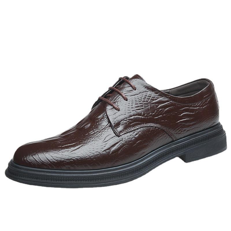 Carved first layer cowhide crocodile pattern business casual men's leather shoes fashion British dress round head lace-up leather men's shoes