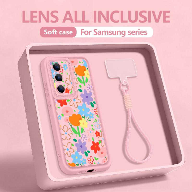 Pink Cartoon Floral Hand Strap Case For Samsung S26 S25 Ultra S24 FE S23 Plus S22 S21 A15 A16 A17 A35 A36 A37 A54 A55 A56 A57 5G Bumper Cover
