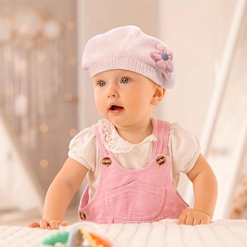 1pc Stretchy Knitted Beret Hat for 0-2 Years - Soft Warm Winter Hat with Floral Embellishment, Foldable Christmas Holiday Outfit