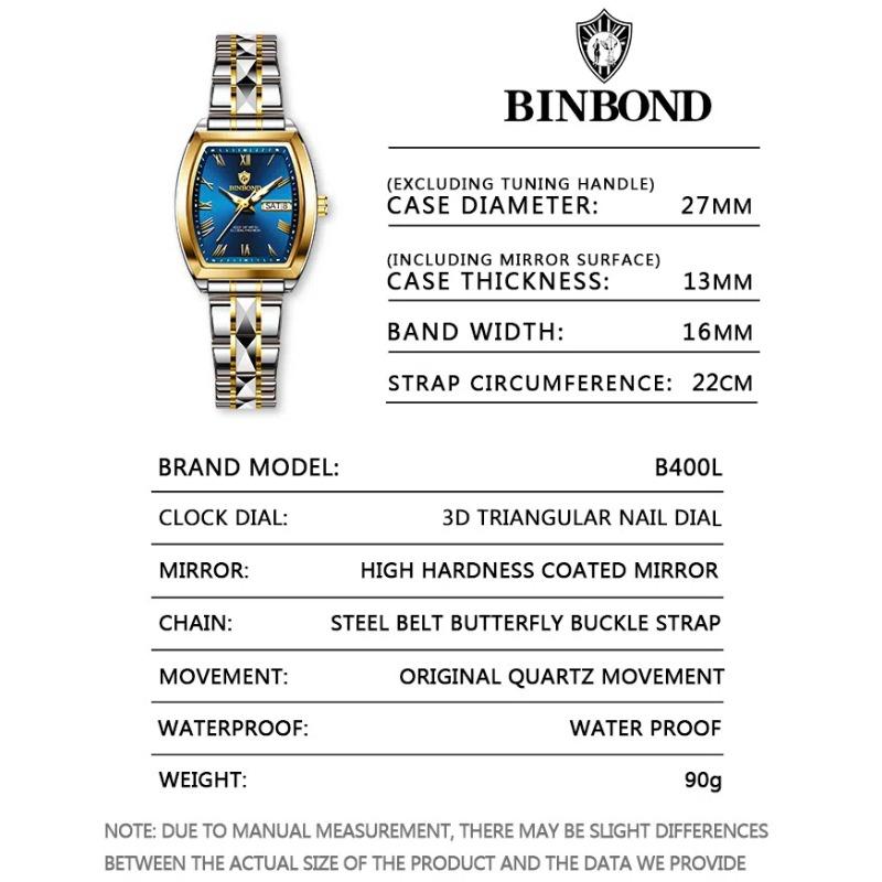 BINBOND Moda Quartzo Feminino Relógio Simples Elegante Vinho Barril Mostrador Ouro Aço Inoxidável Pulseira À Prova D'Água Lazer Negócios Relógios