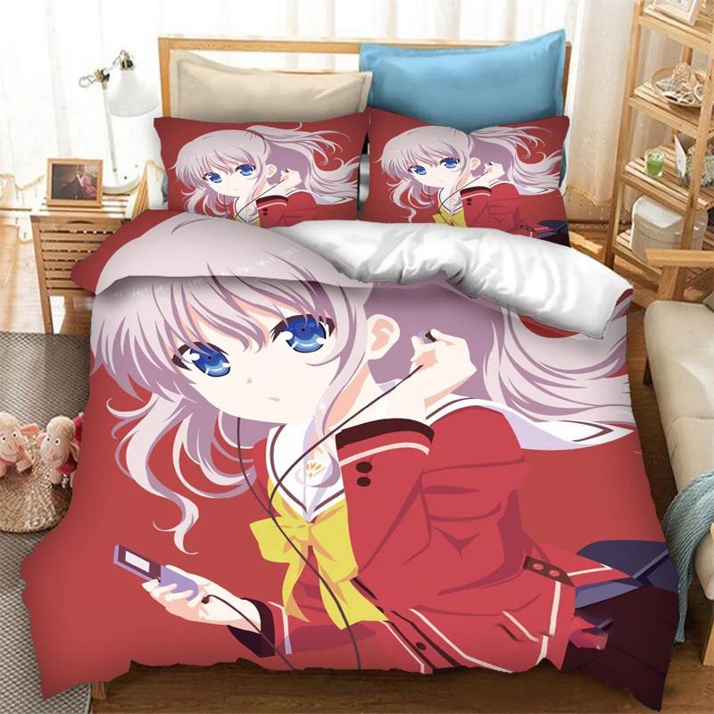 3 Stück einseitig bedruckte Bettbezüge Anime Charlotte bedruckte Bettwäsche-Sets Bequeme Tagesdecken Steppdecken Bettdecken Geburtstagsgeschenk