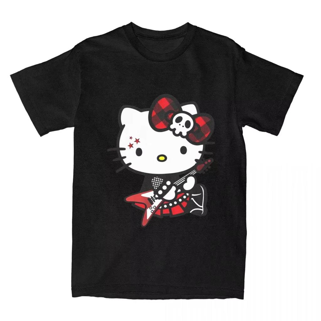 Summer Hello Kitty Tshirt High Quality Cotton Punk Rock Guitar Print Unisex Retro Casual YK Adults Kids