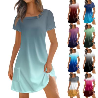 Women's Fashion Summer Square Neck Short Sleeve Casual Loose Pocket Button Gradient Dresses