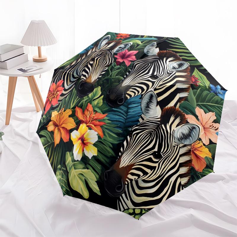 1 PC Automatic Folding Umbrella - Zebras In Tropical Flowers Pattern, Portable & Foldable Design with 8 Ribs, Christmas Birthday Gifts