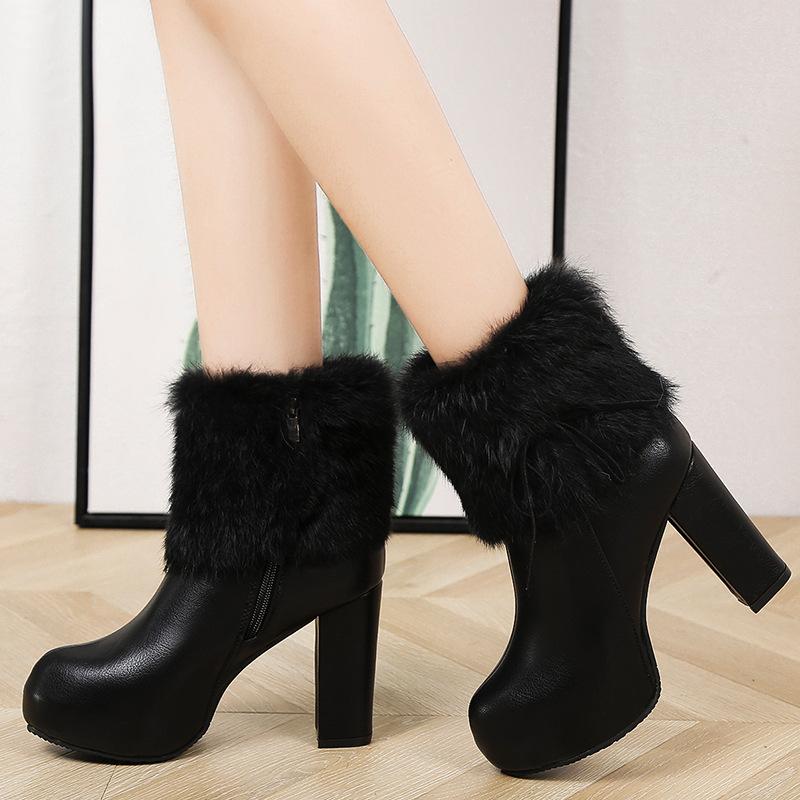 Autumn and winter thick heel Martin boots women's high heel warm short boots bow large size women's short boots