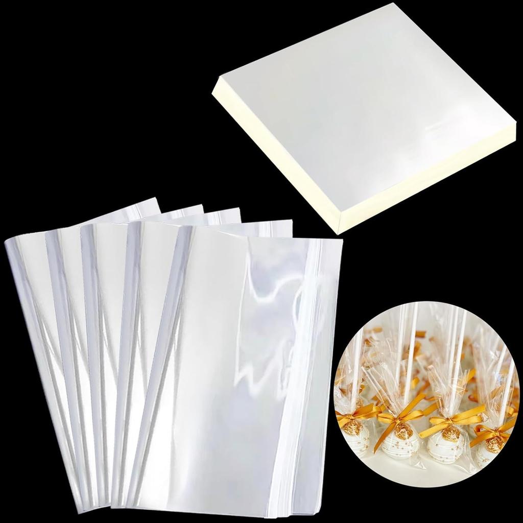 200 Pieces 23x23cm Transparent Glass Paper – Crystal Clear Gift Packaging Paper for Candies, Snacks, Cake Lollipops, Finger Nail Cones & DIY Crafts