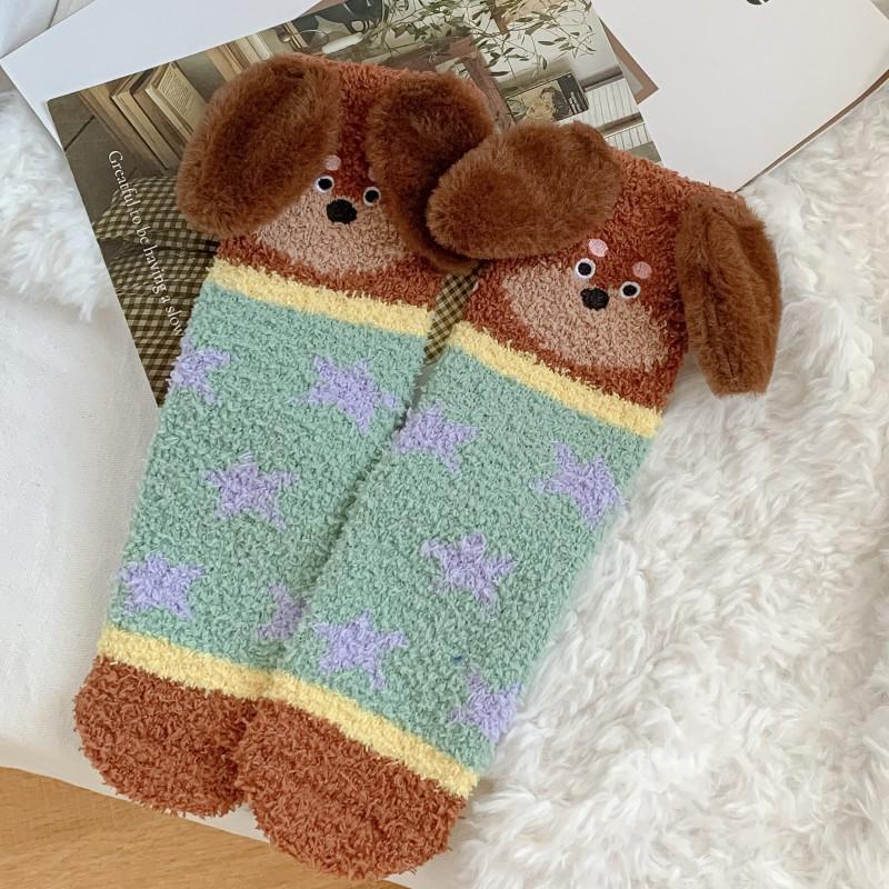 Cartoon Sausage Dog Coral Fleece Socks For Women Middle Tube Thickened Sleep Socks Home Floor Socks