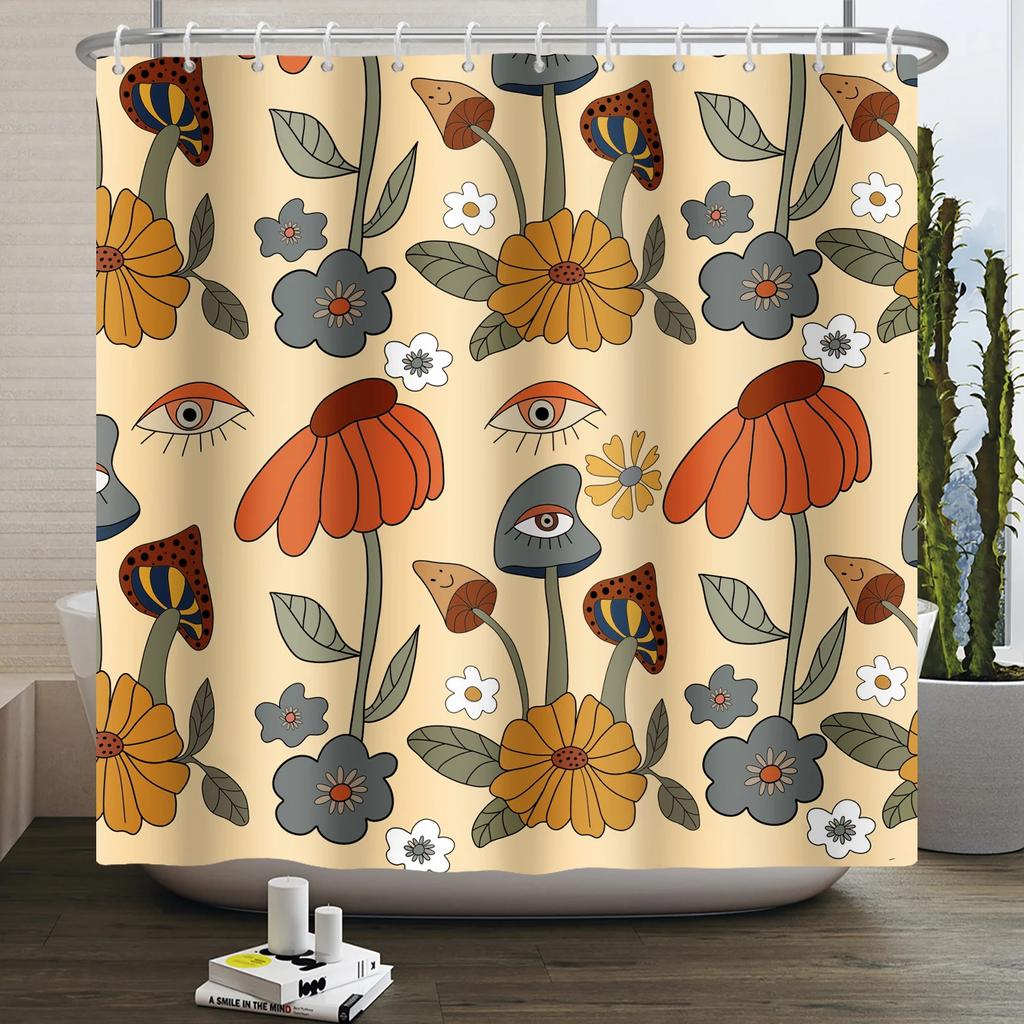 Tenda da doccia arcobaleno vintage anni '70 senza cornice, Fungo Luna Hippie Fiore Sole Luna Farfalla Botanico Vintage, Arredamento Bagno