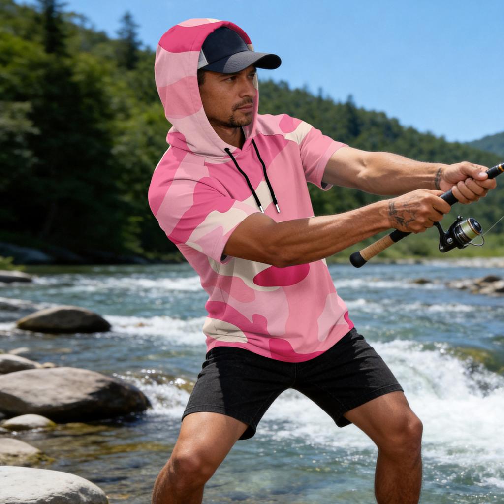 Men's Camouflage Print Raglan Sleeve Casual Sport Fishing Short Sleeve Hoodie Lightweight Breathable Outdoor Top