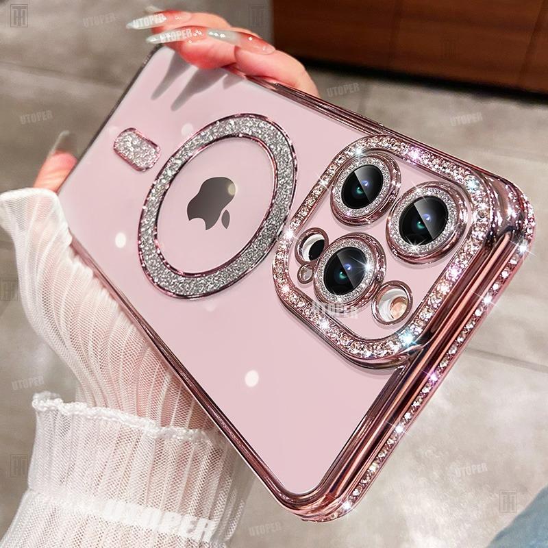 Luxury Diamond Crystal Plating Frame Case For iPhone 15 11 12 13 14 Pro Max Plus Soft Transparent Magsafe Magnetic Glitter Cover