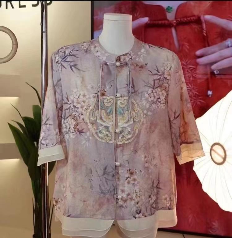 Letní oblečení, Západní styl, Oblečení pro matky, Potisk inkoustem, Tričko s krátkým rukávem v národním stylu, Letní topy pro ženy středního a staršího věku