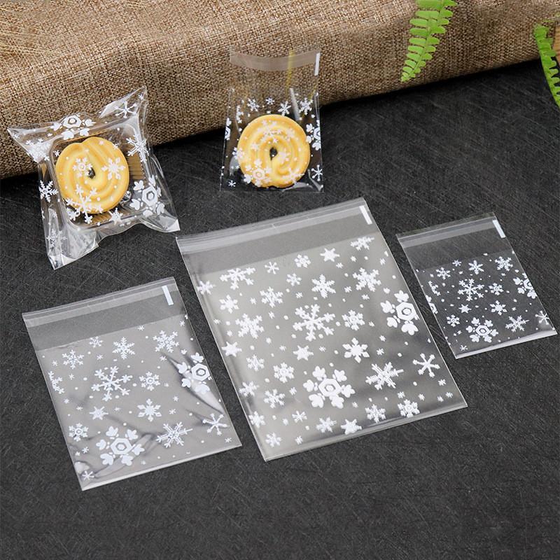 100Pcs Transparent Plastic Bags Christmas Snowflake Self-adhesive Baking Biscuit Cookie Snack Candy Gift Packaging