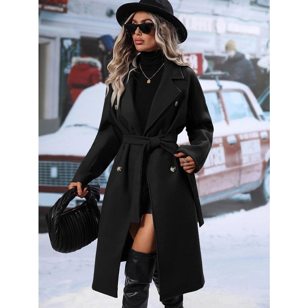 Women's Lapel Long Sleeve Wool Coat Loose Fit Solid Belted Double Breasted Commuter Long Overcoat