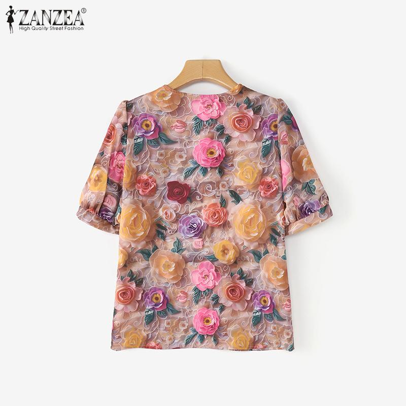 ZANZEA Women Summer Lace Splice V-Neck Short Sleeve Floral Print Blouse