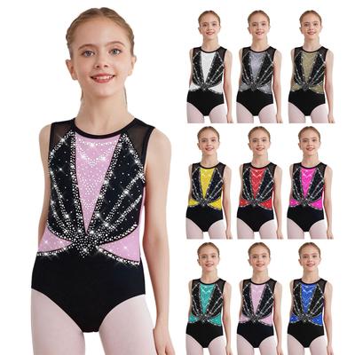 Costume da Esibizione Ginnastica Danza per Ragazze Girocollo Senza Maniche Schiena Incrociata Strass Lucenti Color Block Body Metallizzato
