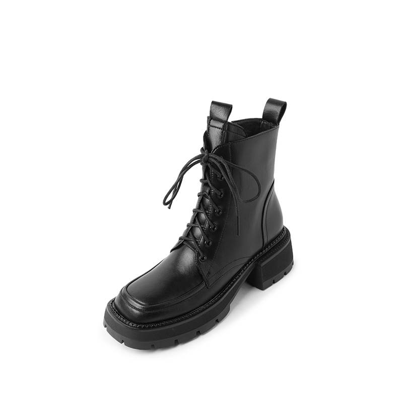 Krazing Pot Cow Leather Winter Shoes Thick Med Heels Handsome Lace Up British School Platform Women Ankle Boots