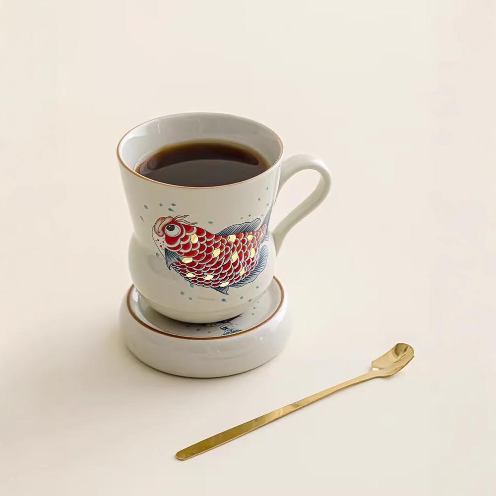Plant Ash Ceramic Golden Arowana Gold Scale Gourd Shape With Spoon Office Drinking Water Personal Cup Water Cup